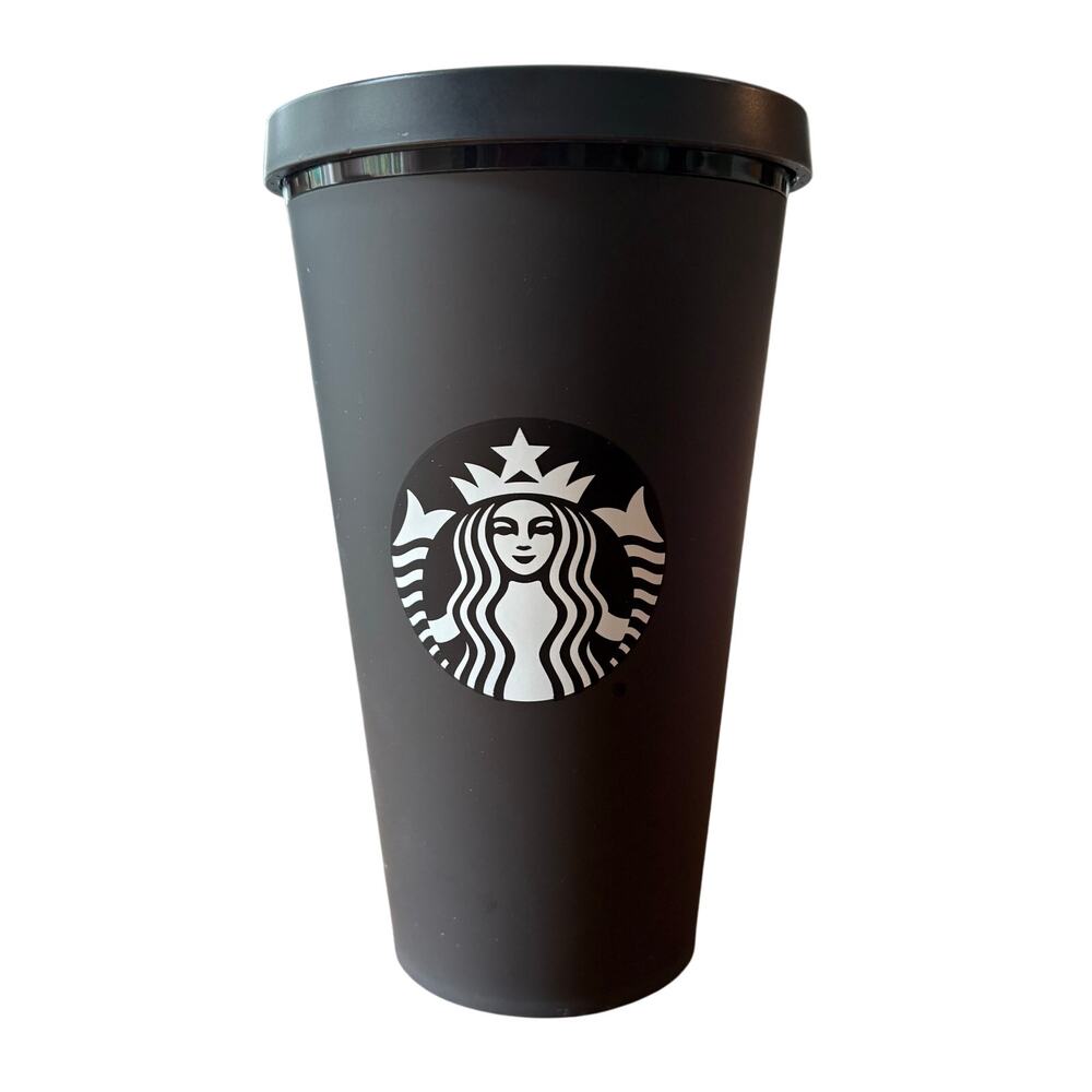 Starbucks Matte Black Cold Cup 16oz Siren Logo Reusable Tumbler EUC No Straw